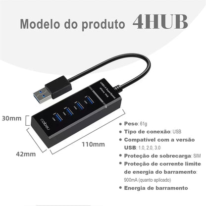 Hub USB 4 Portas, Extensão, Adaptador, Carregador e Cabo USB