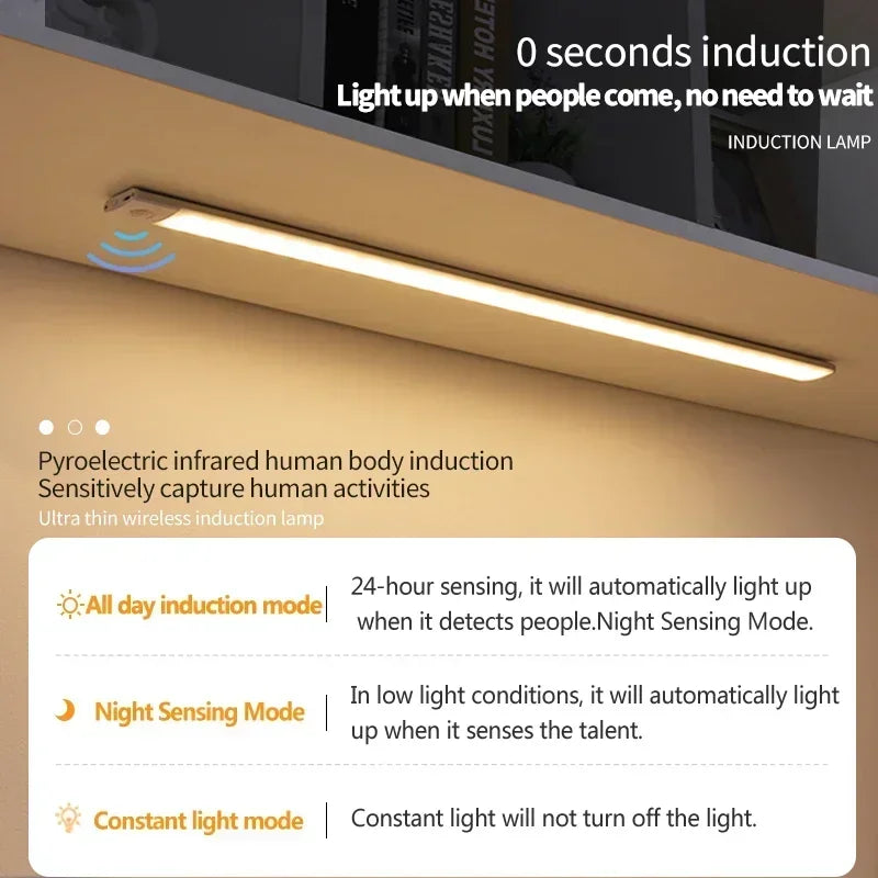 Luz com Sensor de Movimento, LED Recarregável via USB para Cozinha e Guarda-roupa