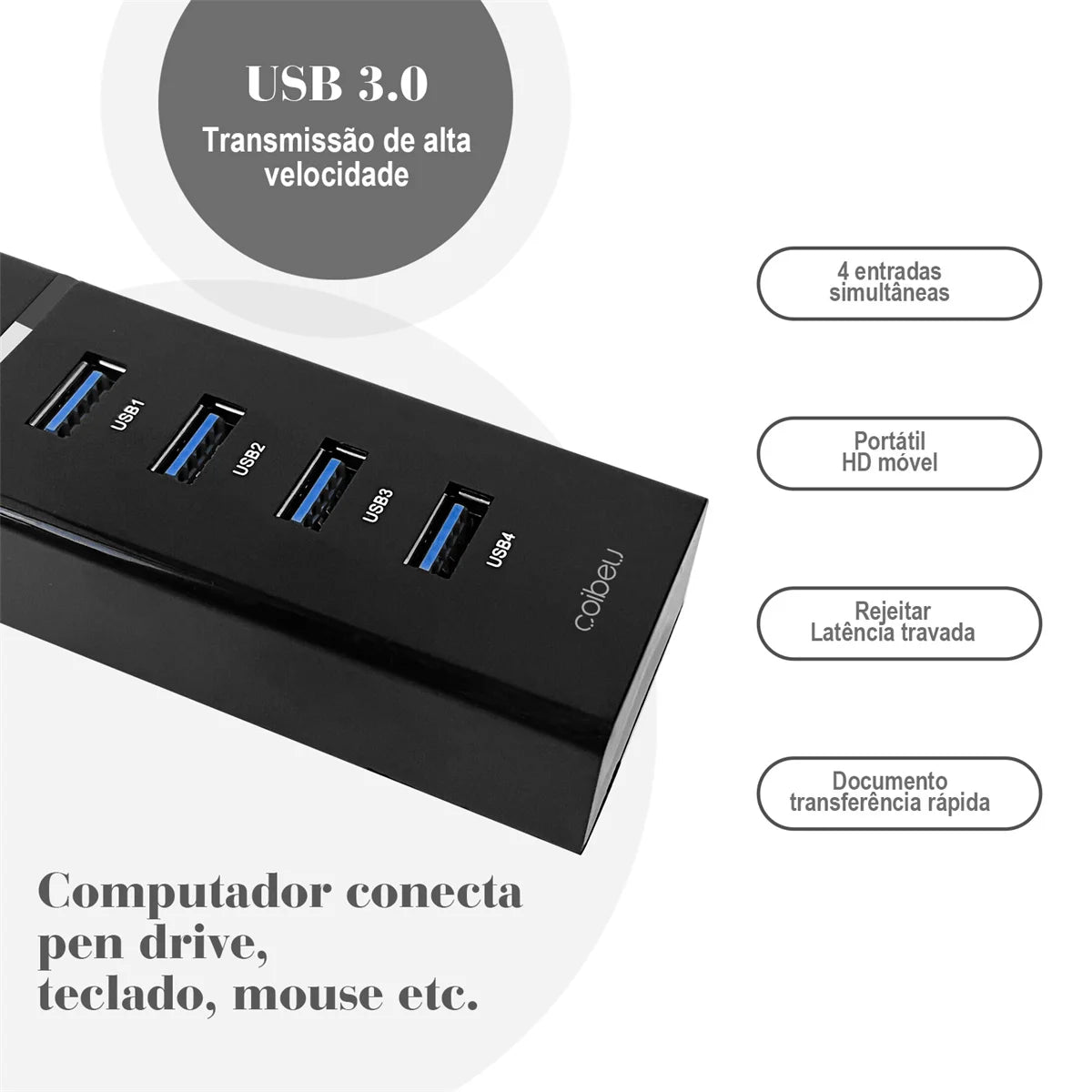 Hub USB 4 Portas, Extensão, Adaptador, Carregador e Cabo USB