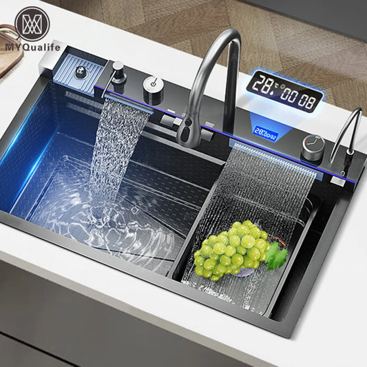 Conjunto de Pia de Cozinha com Torneira Digital, Dispensador de Sabão e Lavador de Copos em Aço Inox 304.