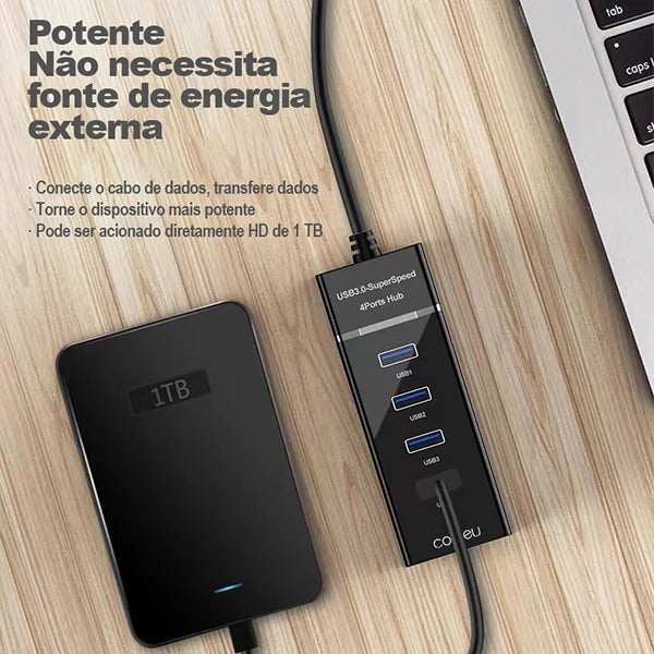 Hub USB 4 Portas, Extensão, Adaptador, Carregador e Cabo USB